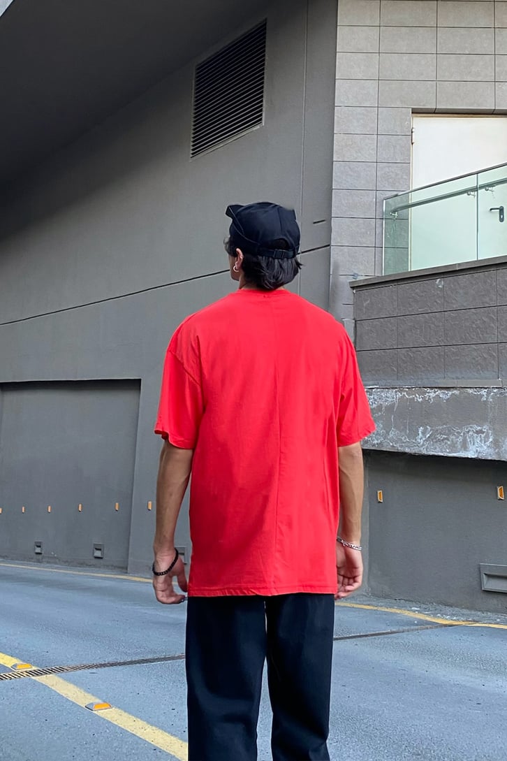 Text Baskılı Kırmızı Oversize Tshirt