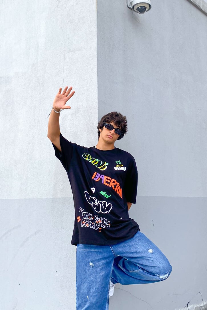 Text Baskılı Siyah Oversize Tshirt