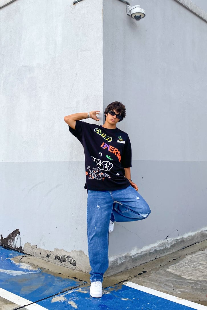 Text Baskılı Siyah Oversize Tshirt