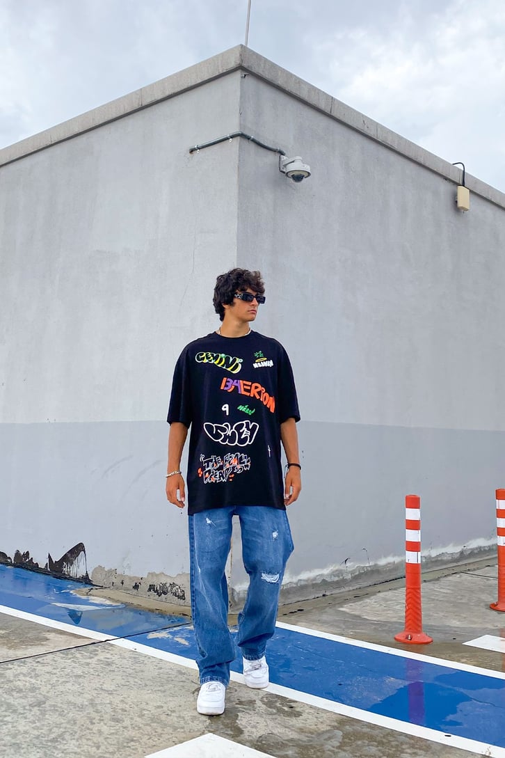 Text Baskılı Siyah Oversize Tshirt