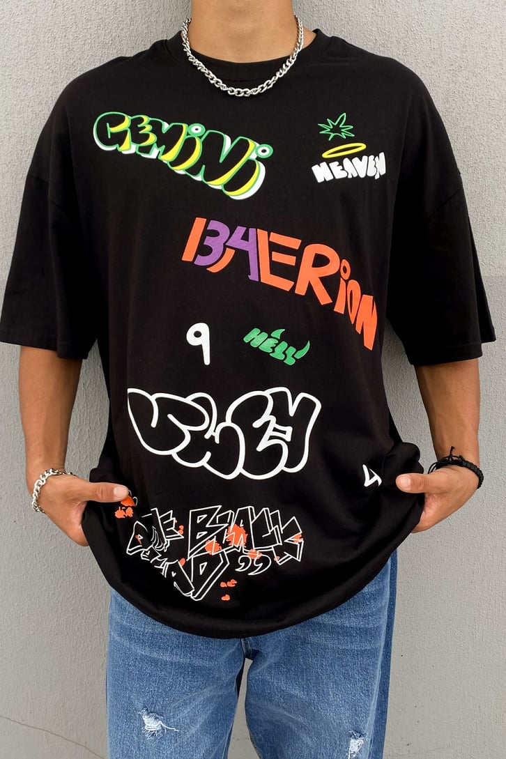 Text Baskılı Siyah Oversize Tshirt