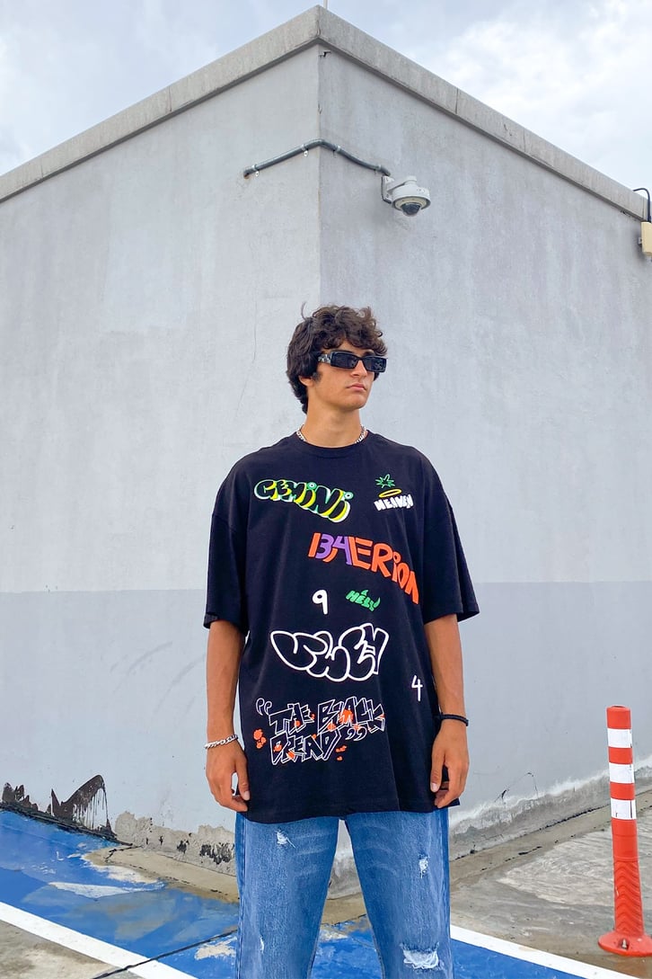 Text Baskılı Siyah Oversize Tshirt
