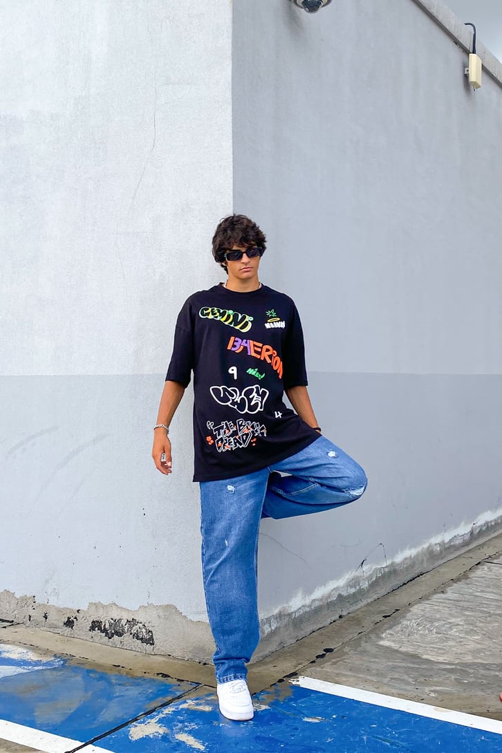 Text Baskılı Siyah Oversize Tshirt