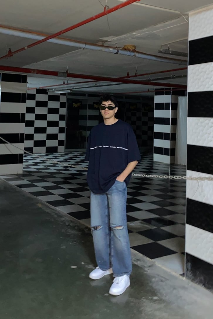 Text Logo Chest Printed Oversize Lacivert Tshirt