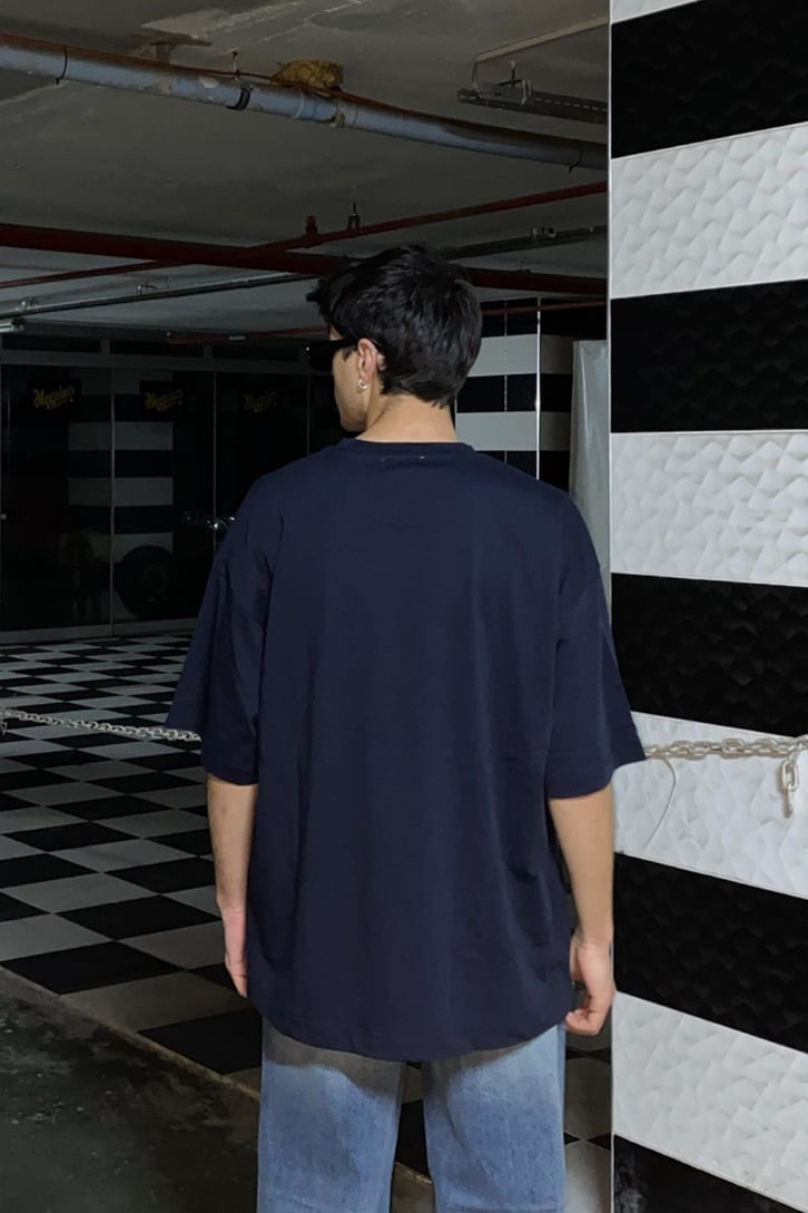 Text Logo Chest Printed Oversize Lacivert Tshirt