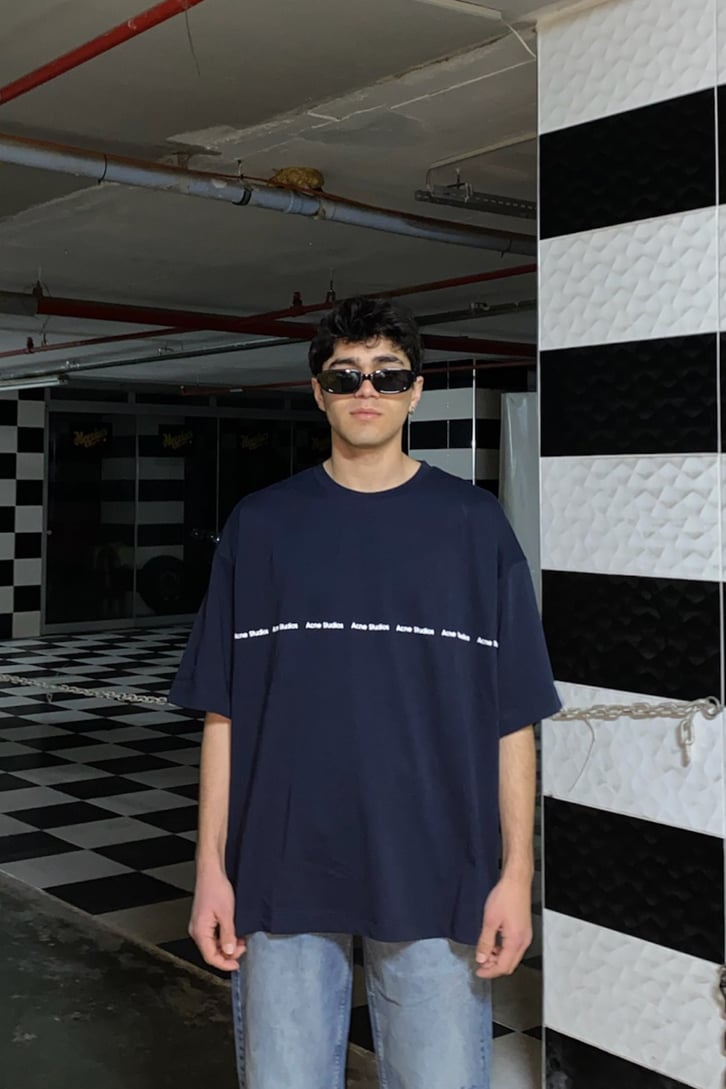 Text Logo Chest Printed Oversize Lacivert Tshirt