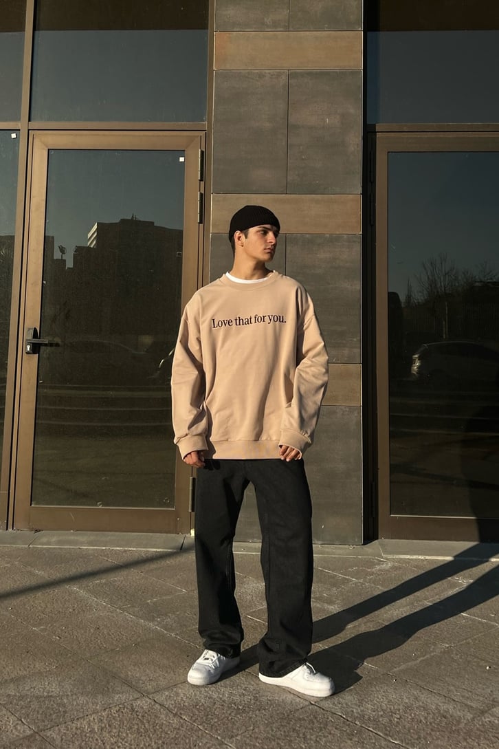 Text Nakışlı Bej Oversize Sweatshirt