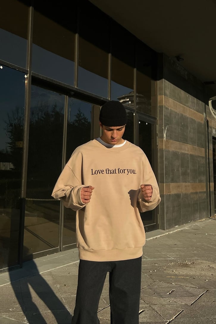 Text Nakışlı Bej Oversize Sweatshirt