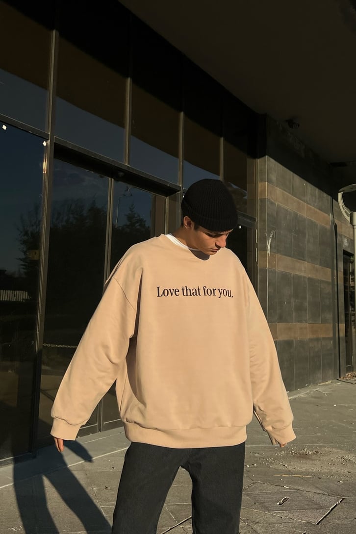 Text Nakışlı Bej Oversize Sweatshirt