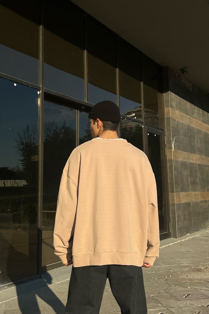 Text Nakışlı Bej Oversize Sweatshirt