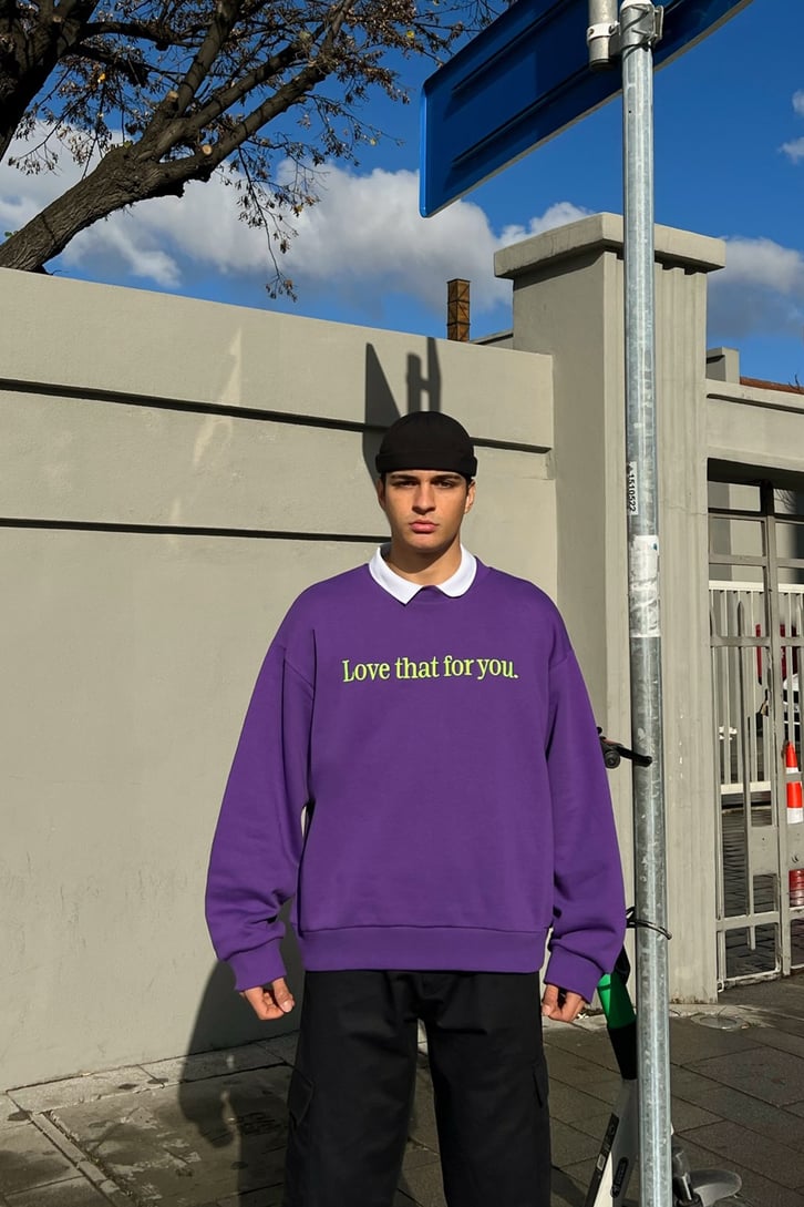 Text Nakışlı Mor Oversize Sweatshirt