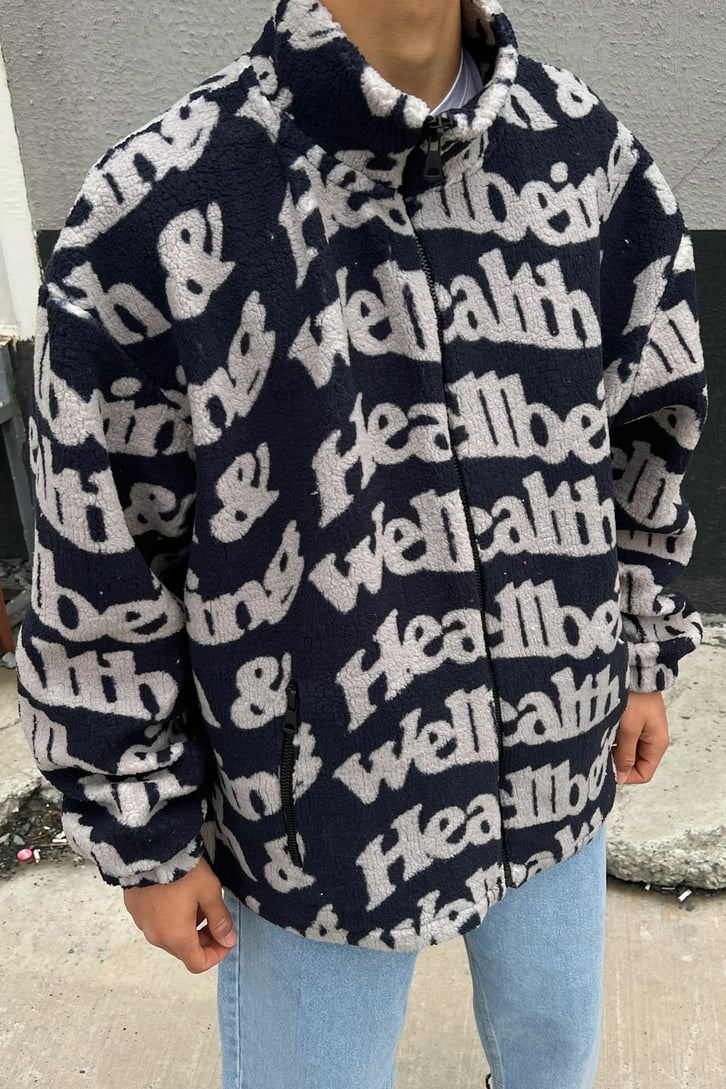Text Pattern Zipper Lacivert Peluş Ceket