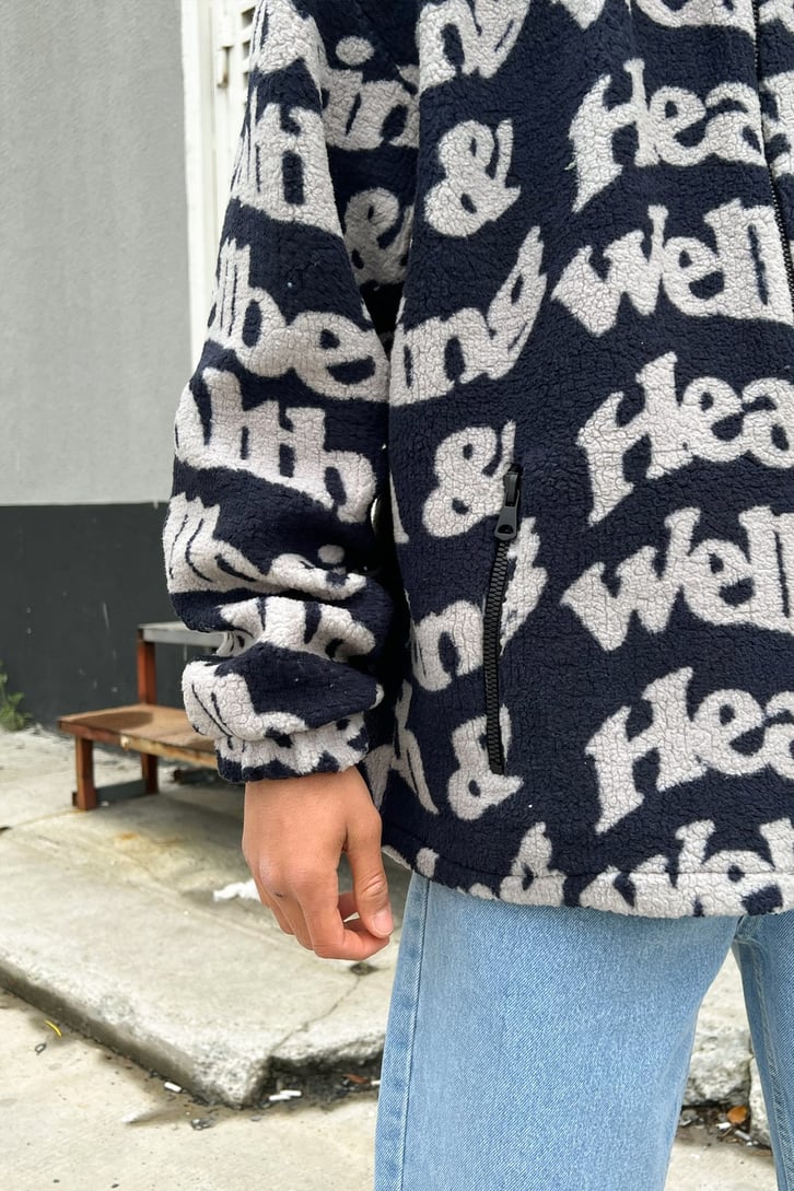 Text Pattern Zipper Lacivert Peluş Ceket