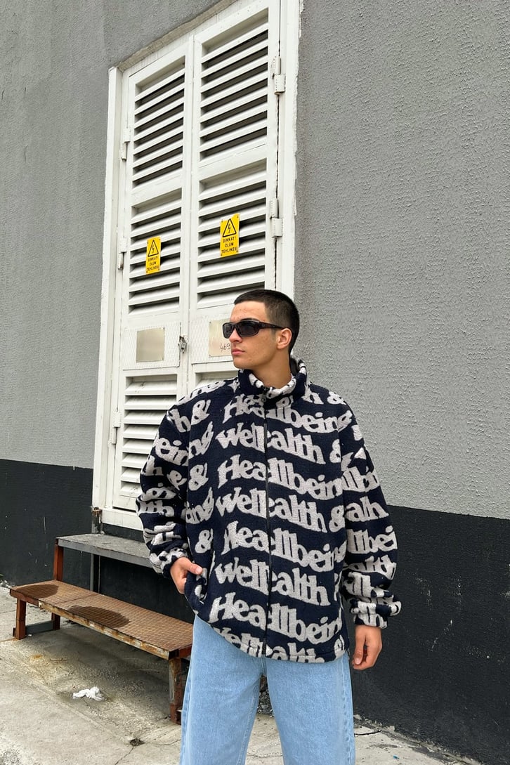 Text Pattern Zipper Lacivert Peluş Ceket