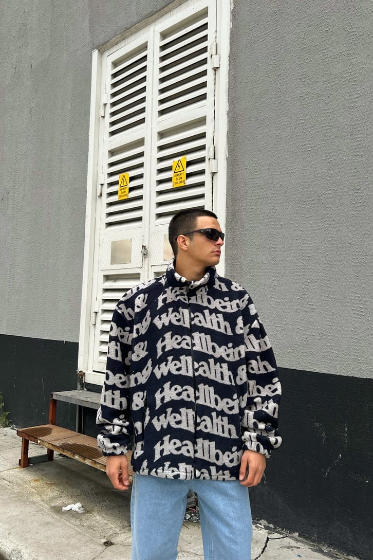 Text Pattern Zipper Lacivert Peluş Ceket