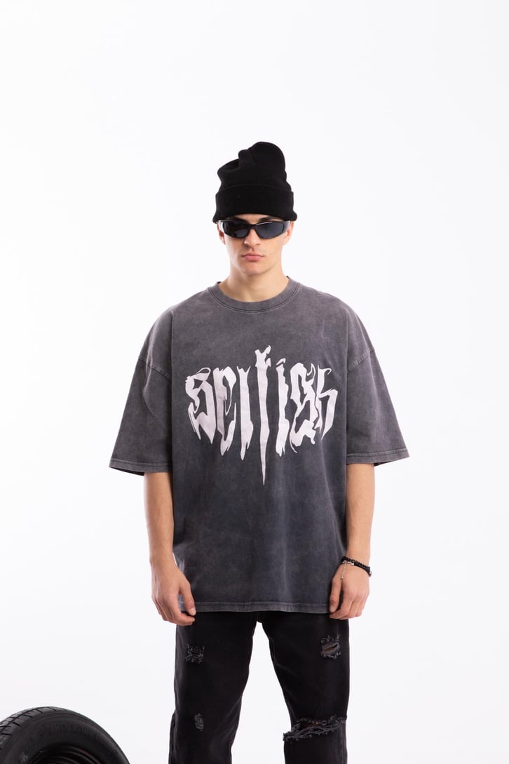 Text Printed Acid Wash Oversize Tshirt