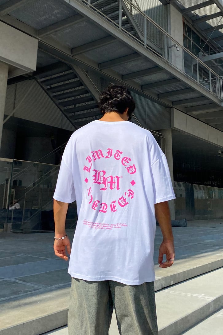 Text Printed Sırt Baskılı Beyaz Oversize Tshirt