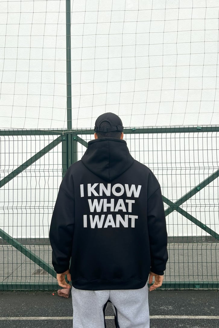 Text Printed Siyah Oversize Hoodie