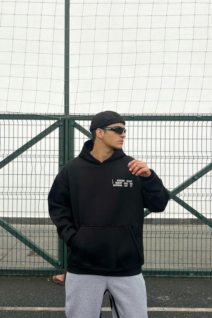 Text Printed Siyah Oversize Hoodie