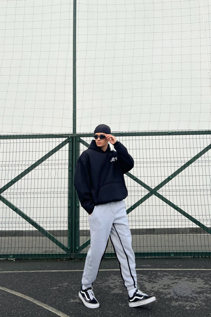 Text Printed Siyah Oversize Hoodie