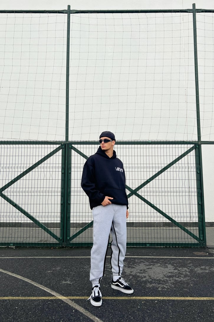Text Printed Siyah Oversize Hoodie