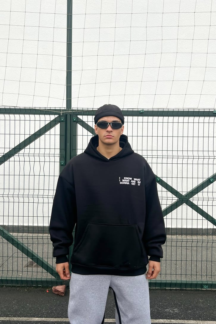 Text Printed Siyah Oversize Hoodie