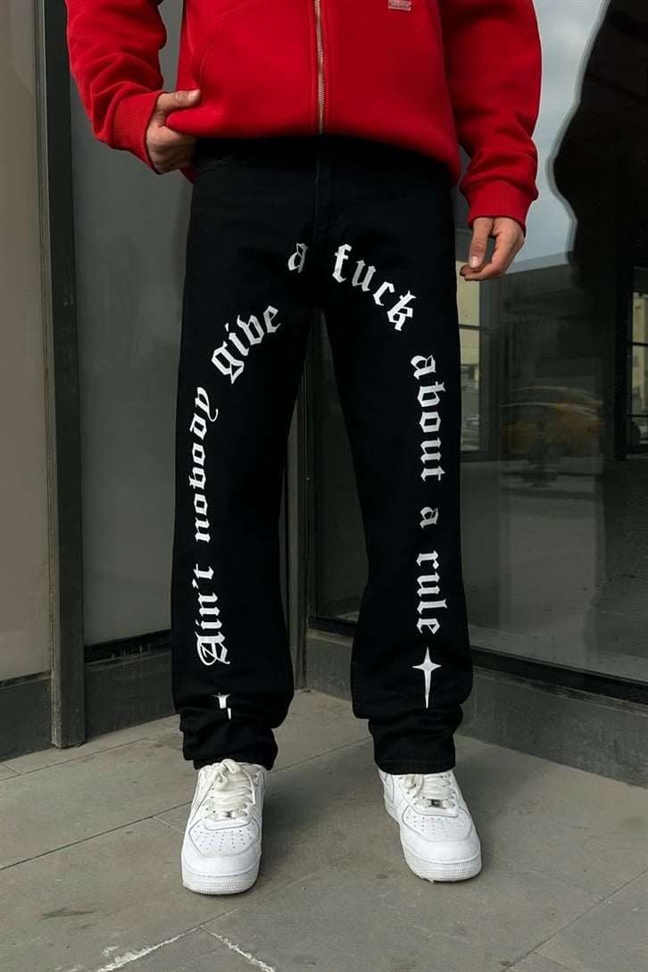 Text Printed Siyah Regular Fit Jean
