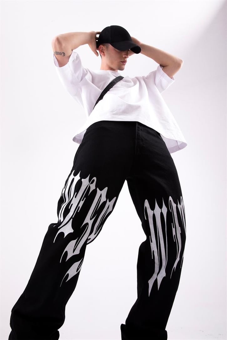 Text Printed Siyah Regular Fit Jean