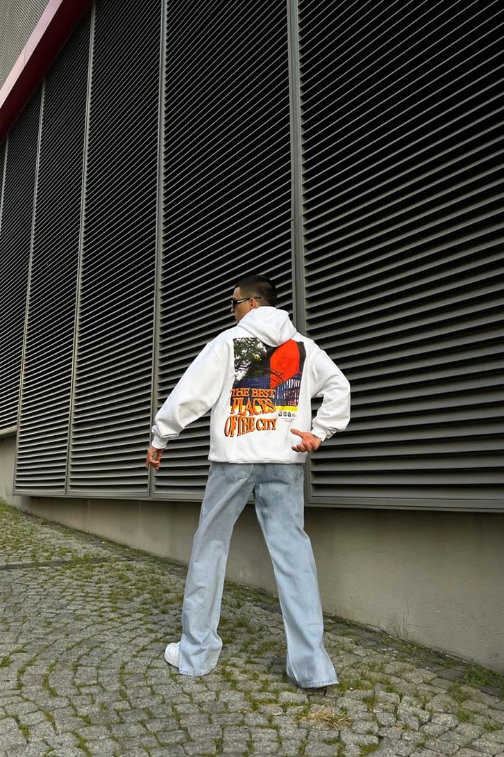 The Best Places Baskılı Beyaz İçi Pamuklu Oversize Hoodie