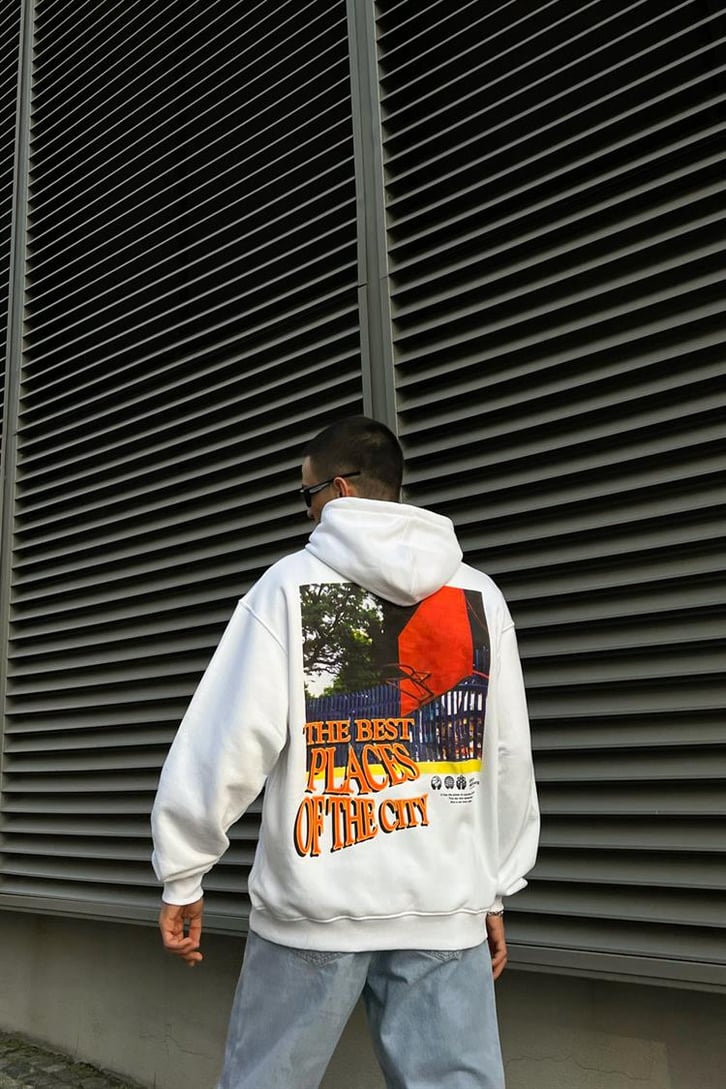 The Best Places Baskılı Beyaz İçi Pamuklu Oversize Hoodie