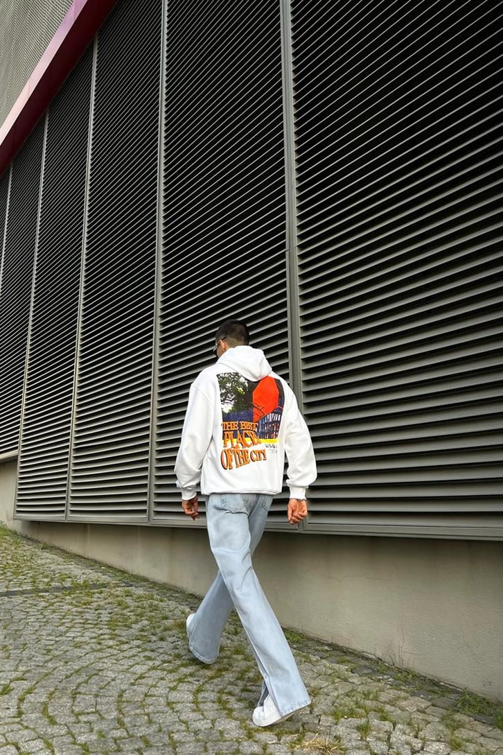 The Best Places Baskılı Beyaz İçi Pamuklu Oversize Hoodie