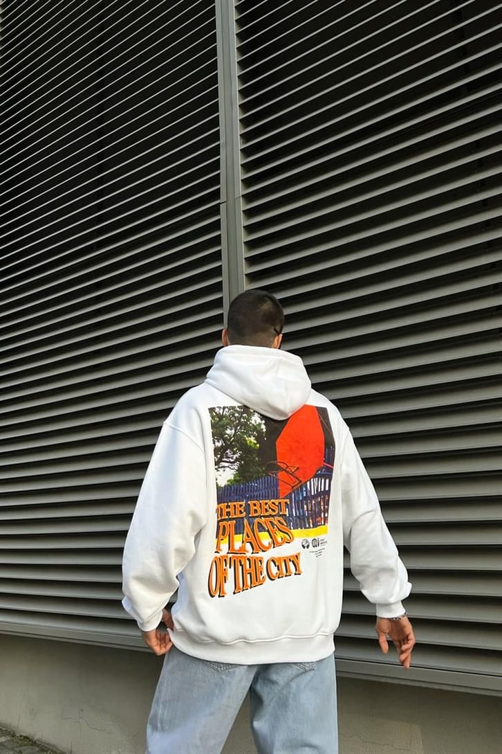 The Best Places Baskılı Beyaz İçi Pamuklu Oversize Hoodie