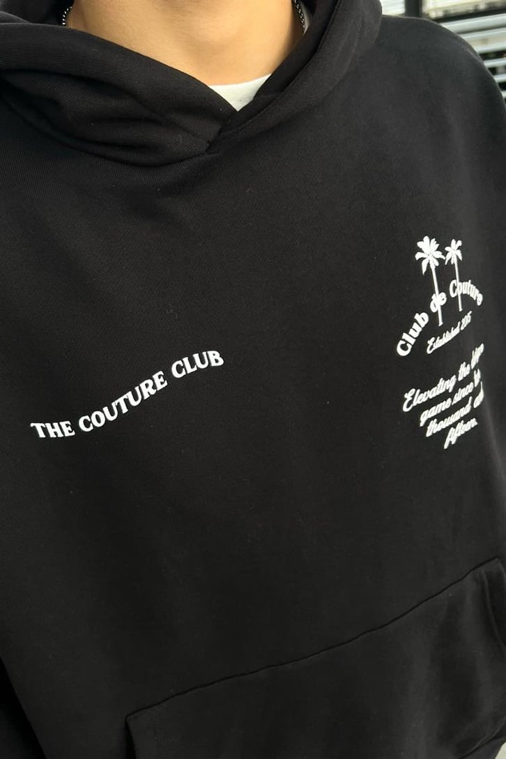 The Couture Club Baskılı Siyah İçi Pamuklu Oversize Hoodie