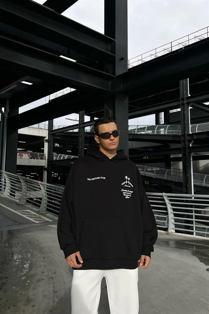 The Couture Club Baskılı Siyah İçi Pamuklu Oversize Hoodie