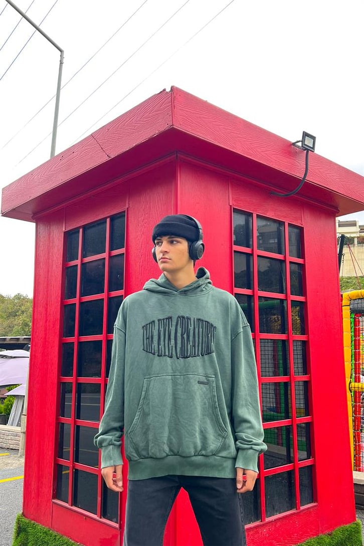 The Eye Creature Nakışlı Yıkamalı Yeşil Oversize Hoodie