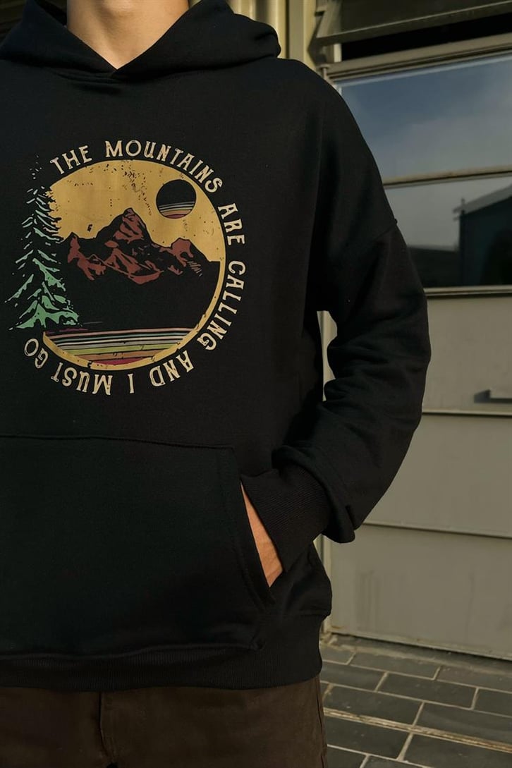 The Mountains Baskılı Siyah İçi Pamuklu Hoodie