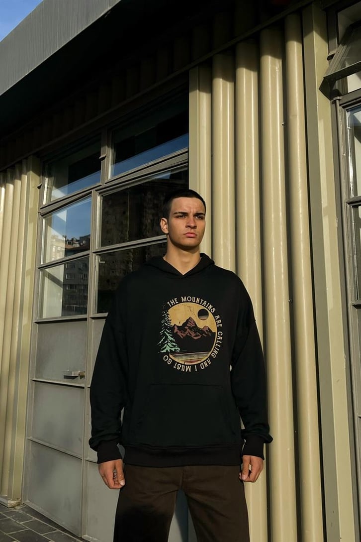 The Mountains Baskılı Siyah İçi Pamuklu Hoodie
