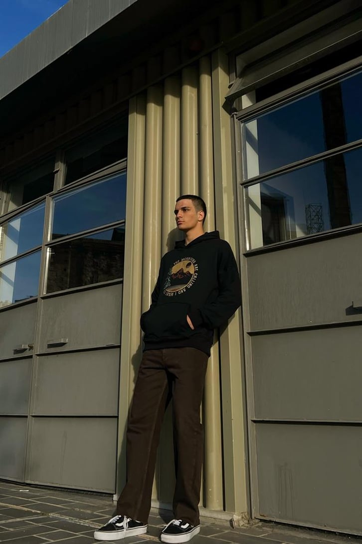 The Mountains Baskılı Siyah İçi Pamuklu Hoodie
