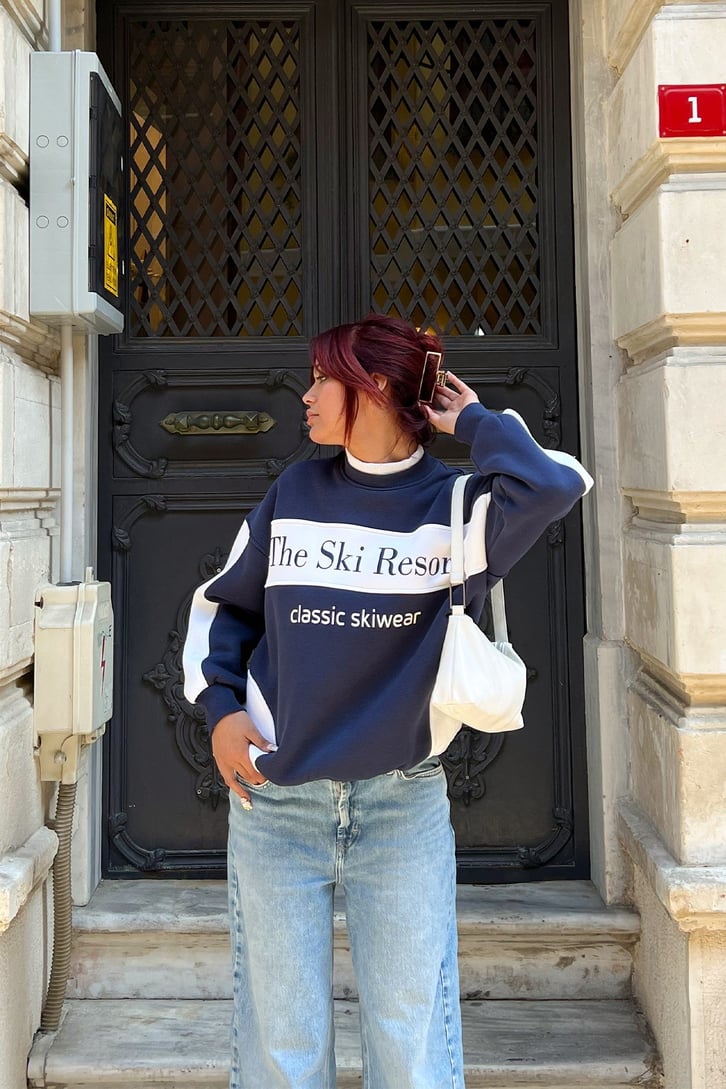 The Ski Baskılı Lacivert Kadın Sweatshirt