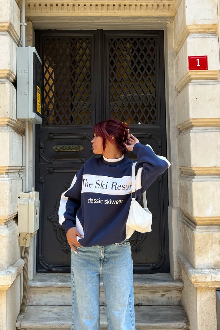 The Ski Baskılı Lacivert Sweatshirt