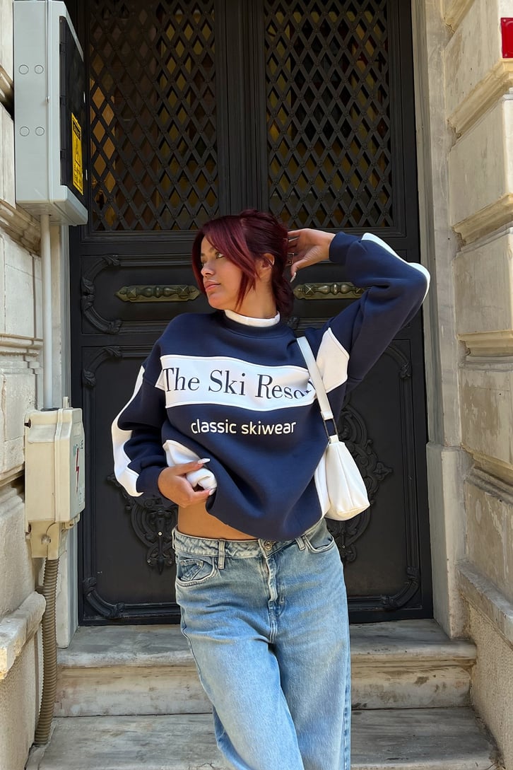 The Ski Baskılı Lacivert Sweatshirt