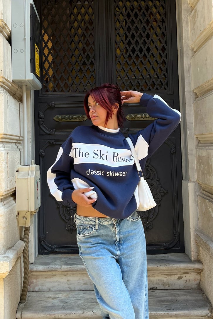 The Ski Baskılı Lacivert Sweatshirt