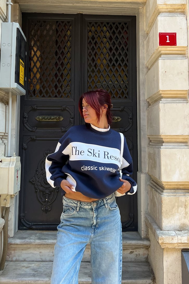 The Ski Baskılı Lacivert Sweatshirt
