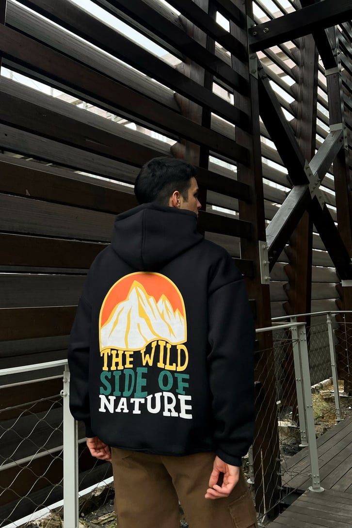The Wild Sırt Baskılı Siyah Oversize Hoodie