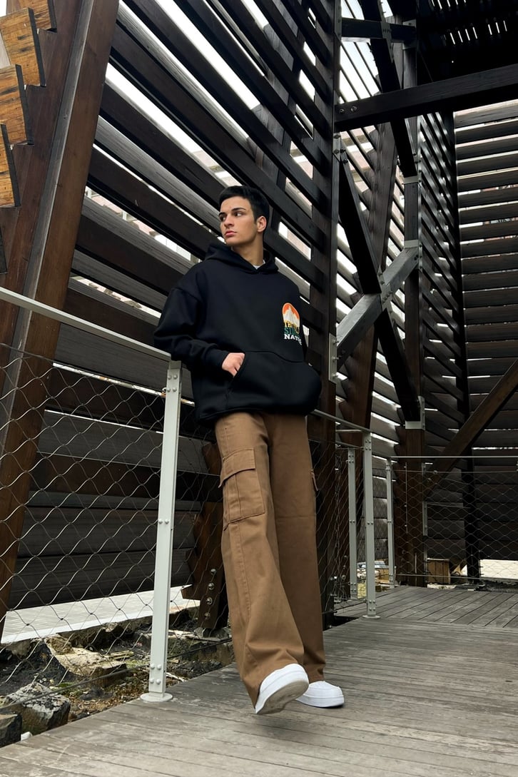 The Wild Sırt Baskılı Siyah Oversize Hoodie