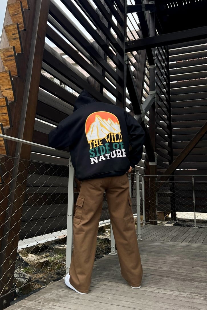 The Wild Sırt Baskılı Siyah Oversize Hoodie