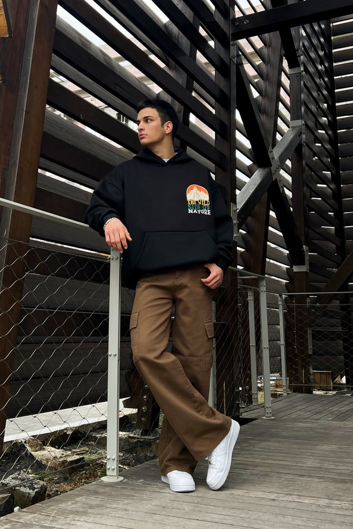 The Wild Sırt Baskılı Siyah Oversize Hoodie