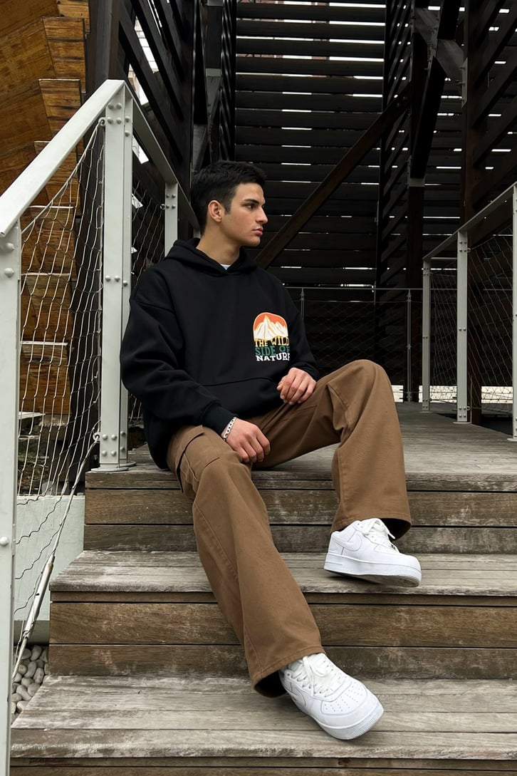 The Wild Sırt Baskılı Siyah Oversize Hoodie