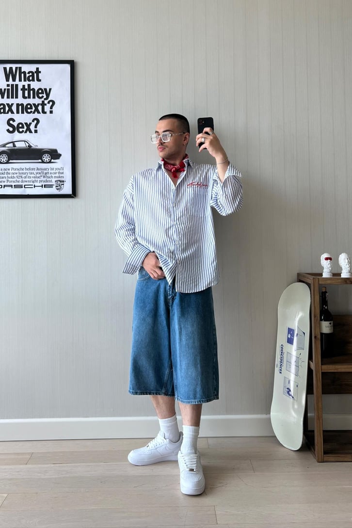 TheDad Nakışlı Çizgili Mavi Oversize Gömlek