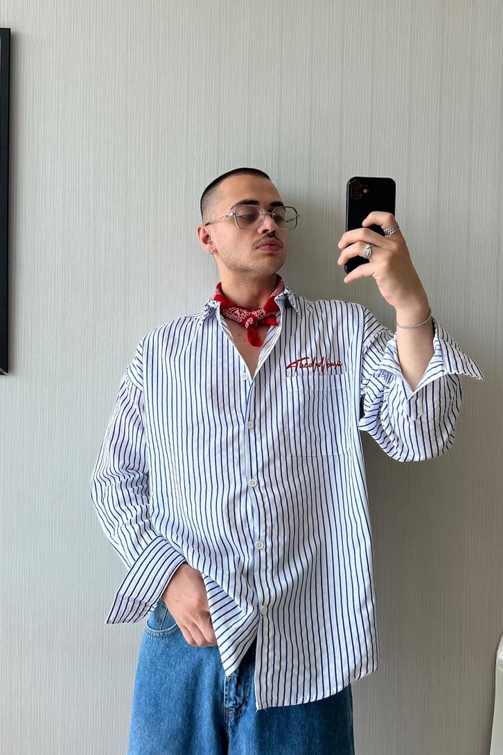 TheDad Nakışlı Çizgili Mavi Oversize Gömlek